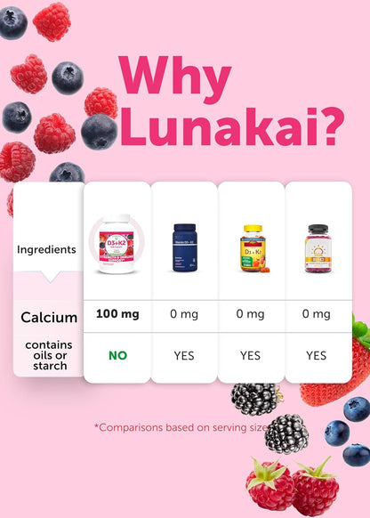 Lunakai Vitamin D3 K2 Gummies with Calcium – Vegan, 2000 IU D3 + 100 mcg K2 (MK7) + 100 mg Calcium – 60 Count