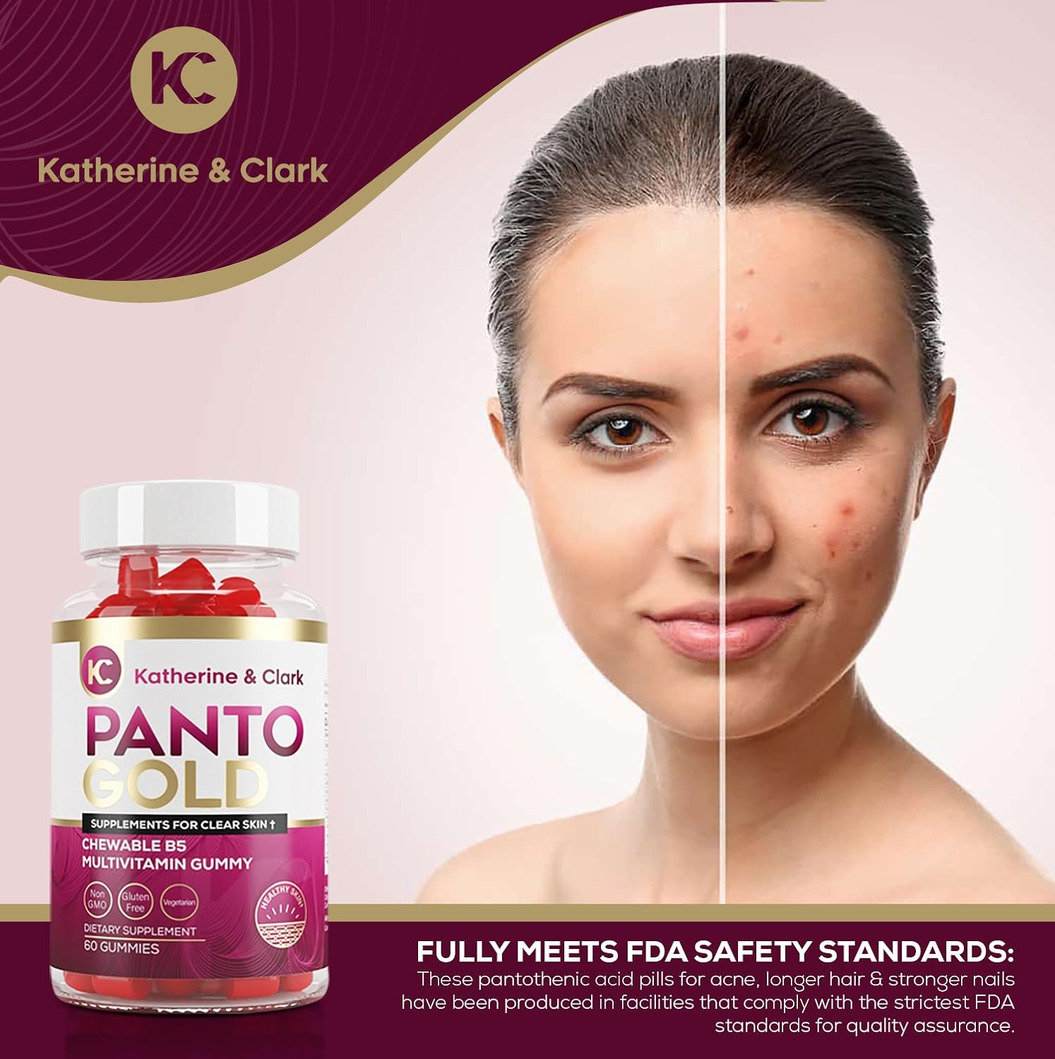Katherine & Clark Panto Gold Vitamin B5 Pantothenic Acid Gummies for Acne - Hair Skin and Nails - Biotin, Zinc, Folic Acid - 60 Count - görsel 2