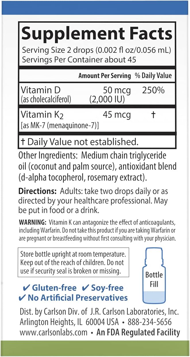Carlson Super Daily D3 + K2, 50 mcg (2000 IU) D3 + 45 mcg MK-7, Liquid Drops, 90 servings - görsel 3