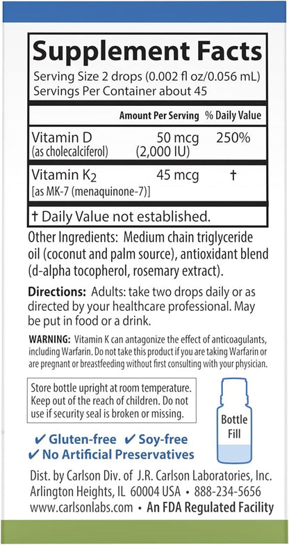 Carlson Super Daily D3 + K2, 50 mcg (2000 IU) D3 + 45 mcg MK-7, Liquid Drops, 90 servings