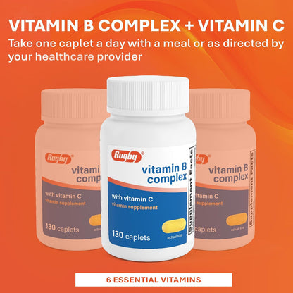 Rugby Vitamin B Complex with Vitamin C – Gluten-free B Complex for Energy, Metabolism, Nerve and Immune Support, 130 Caplets