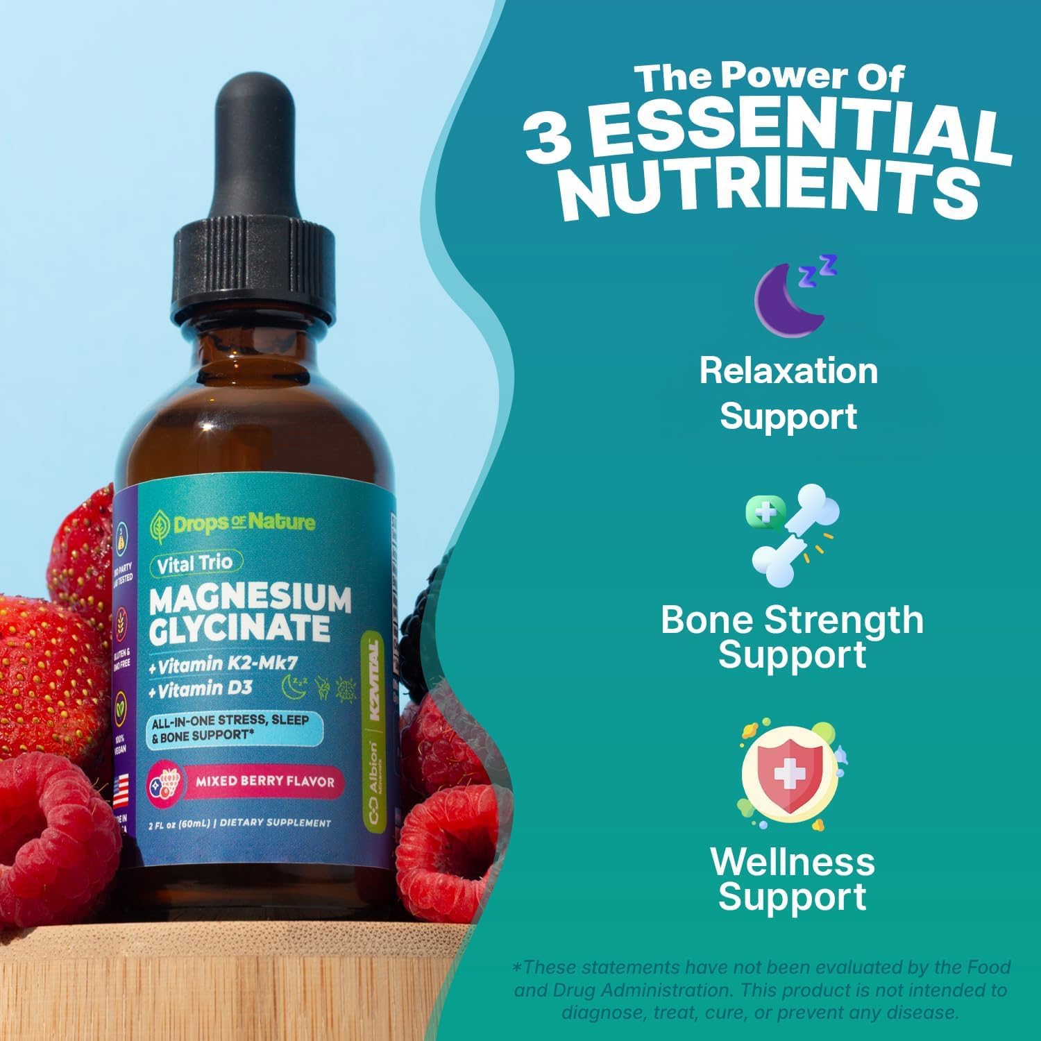 Drops Of Nature Magnesium Glycinate, Vitamin D3 & K2 Liquid Supplement – Mixed Berry, 60 mL - görsel 2