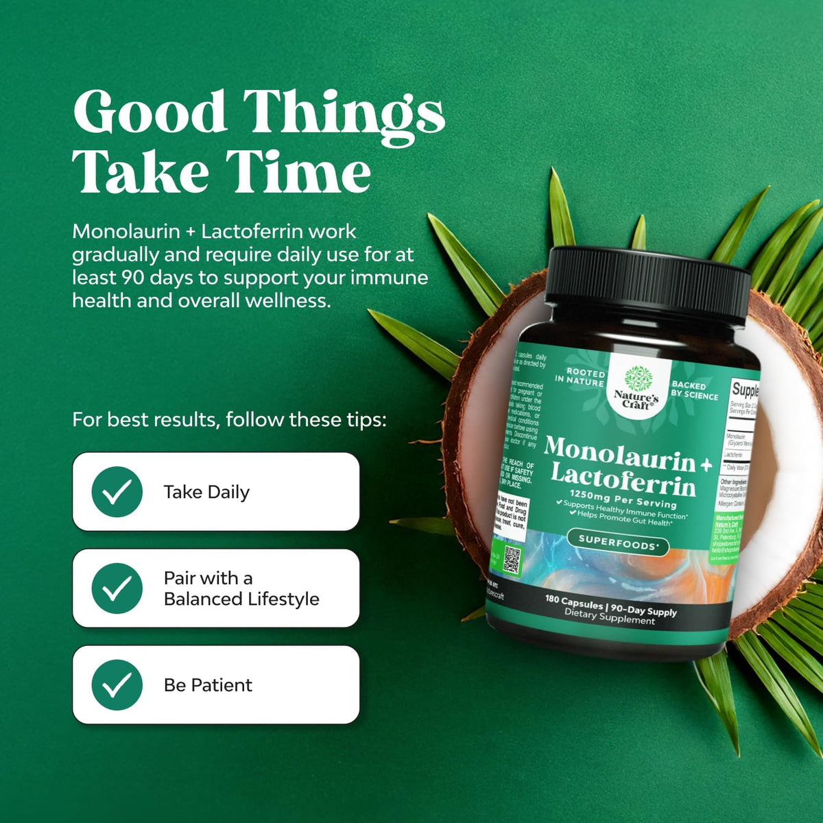 High Strength Lactoferrin & Monolaurin Supplement - 250mg Lactoferrin, 1000mg Monolaurin - 180 Vegetarian Capsules - görsel 2