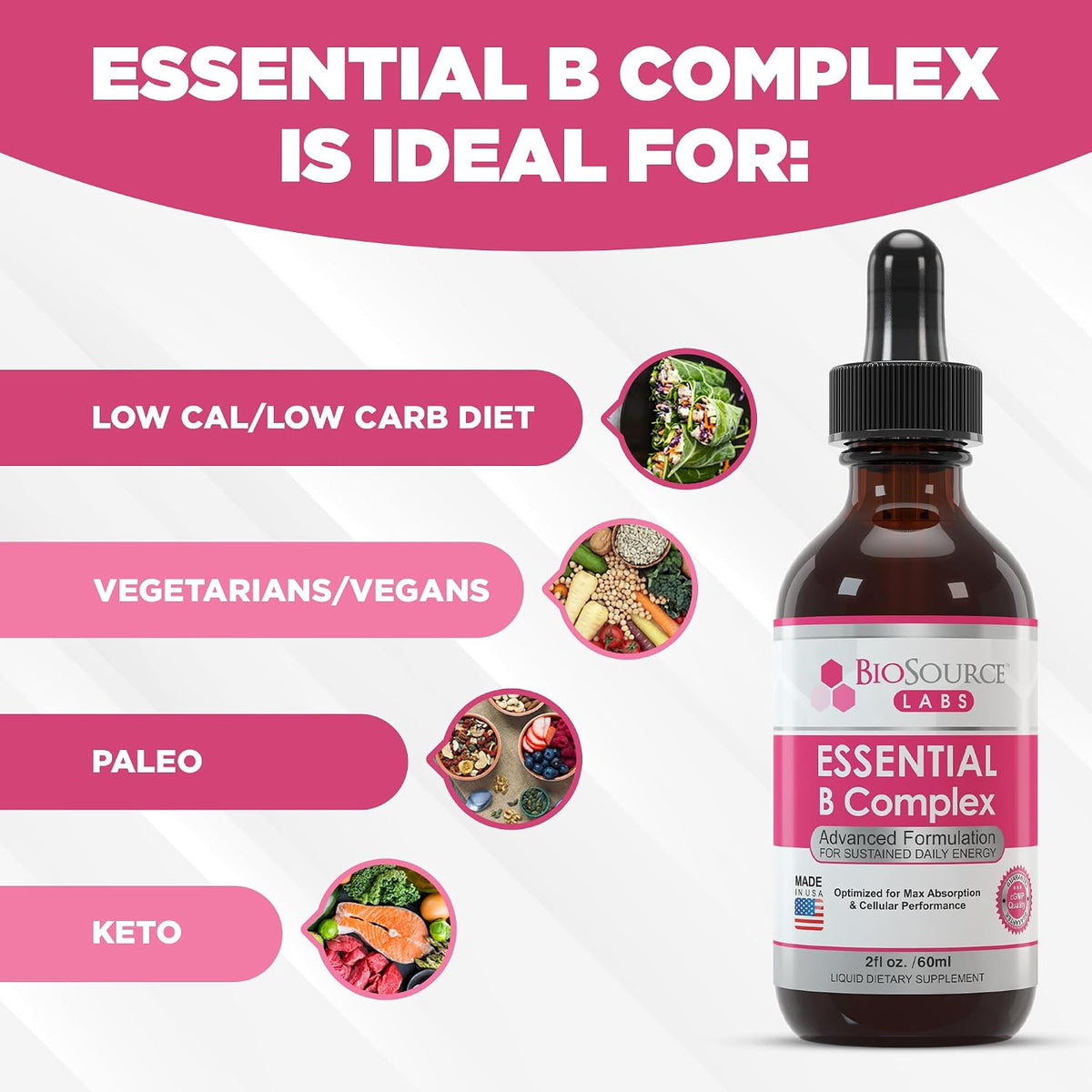 BioSource Labs Essential B Complex - Daily Vegan Vitamin B-Complex Sublingual Liquid Drops with Methyl B12 (60ml Bottle) - 60-Day Supply - görsel 8