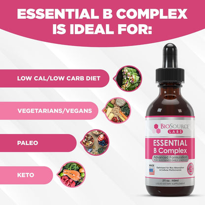 BioSource Labs Essential B Complex - Daily Vegan Vitamin B-Complex Sublingual Liquid Drops with Methyl B12 (60ml Bottle) - 60-Day Supply
