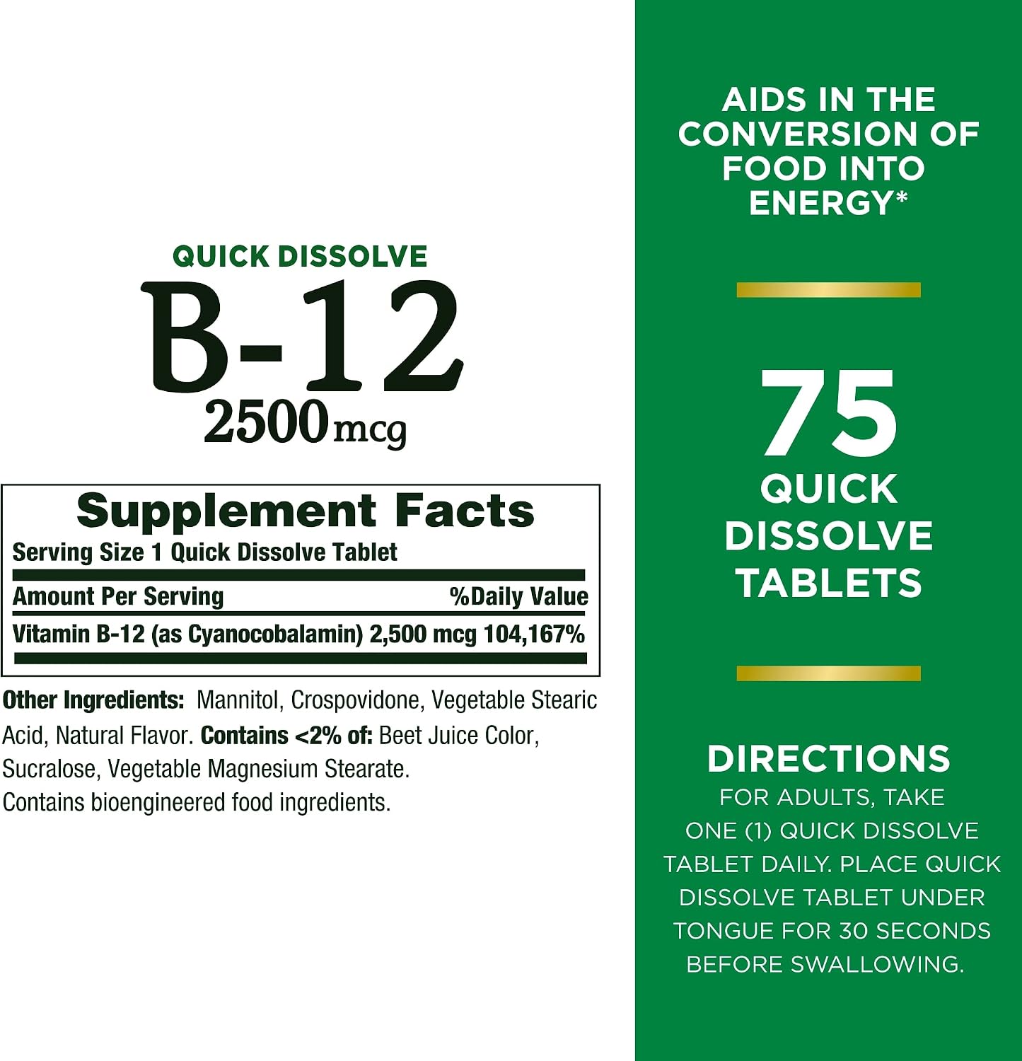 Nature's Bounty Vitamin B12 2500 mcg, Cellular Energy Support, for Energy Metabolism, Heart & Nervous System Health, 75 Quick Dissolve Tablets - görsel 7