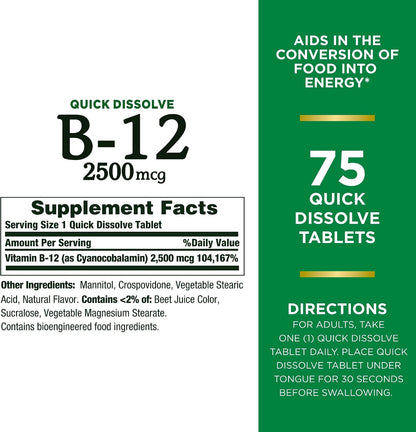Nature's Bounty Vitamin B12 2500 mcg, Cellular Energy Support, for Energy Metabolism, Heart & Nervous System Health, 75 Quick Dissolve Tablets