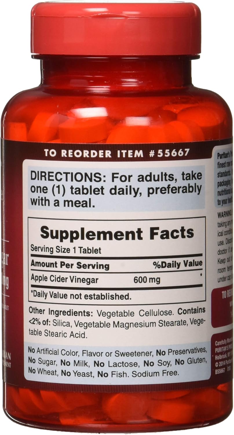 Puritan's Pride Apple Cider Vinegar 600 mg, Vegetarian Food Supplement, 200 Tablets - görsel 3