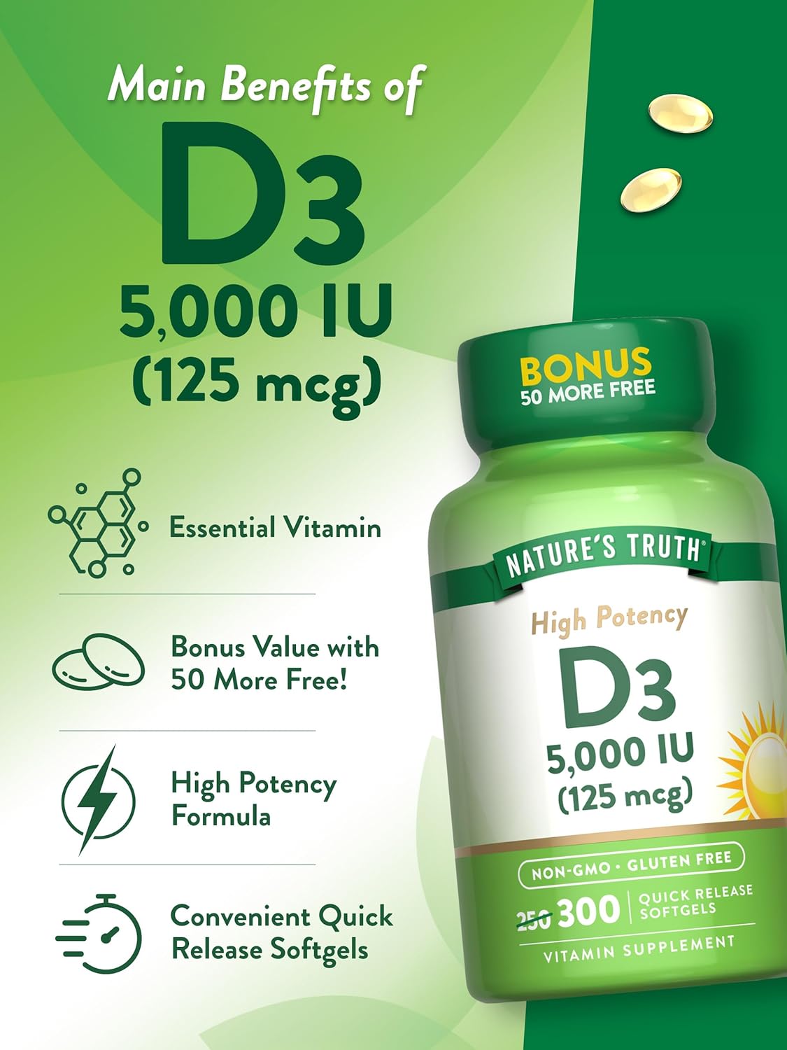 Nature's Truth Vitamin D3 5000 IU (125 mcg) - 300 Softgels - High Potency Vitamin D Supplement - görsel 5