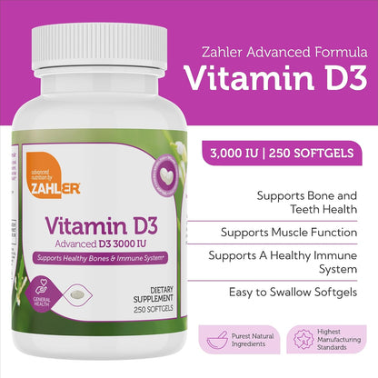 Zahler Vitamin D3 3000 IU, Vitamin D3 Supplement – 250 Soft Capsules