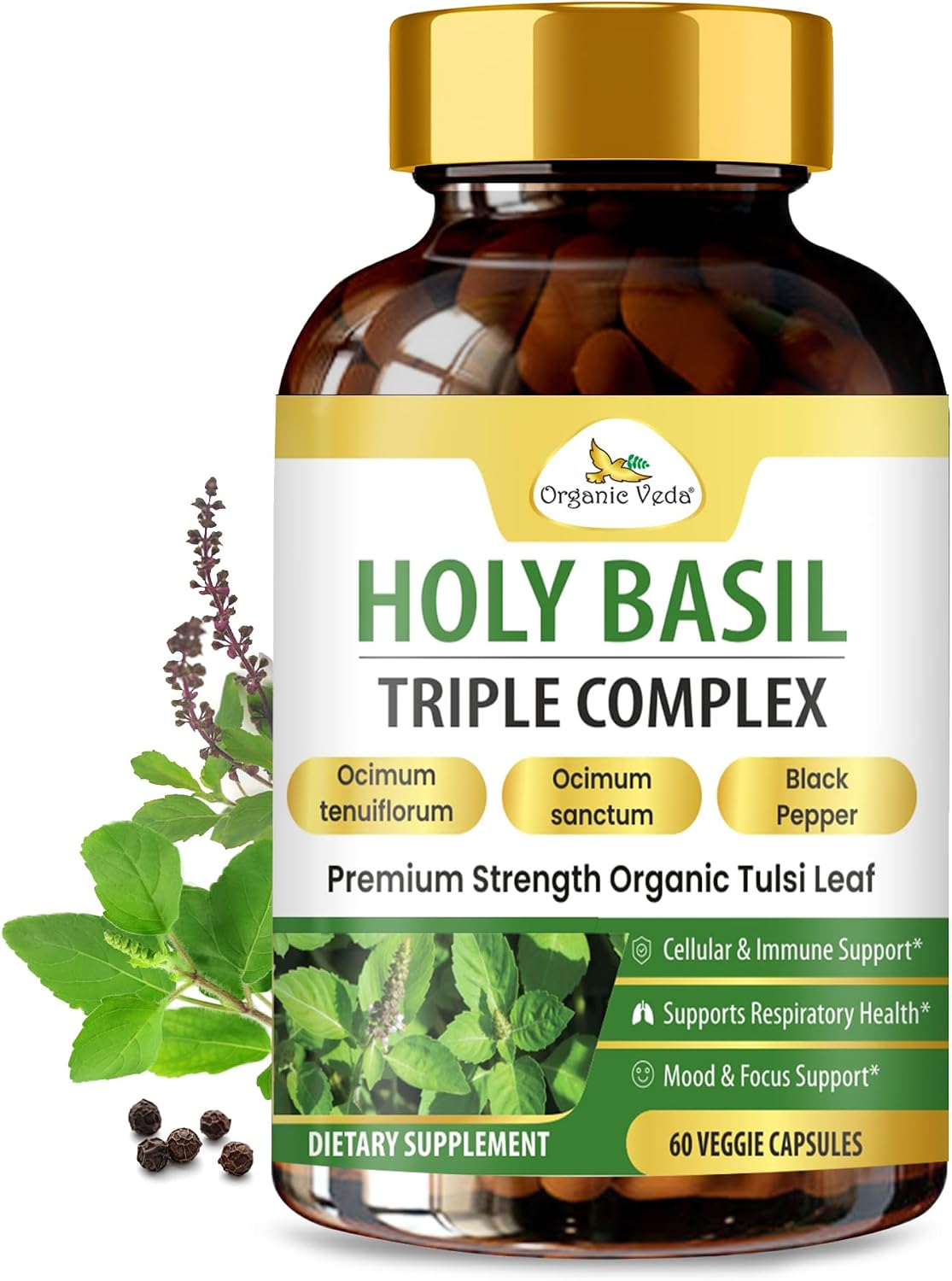 Organic Veda Holy Basil Capsules - Triple Complex Tulsi Leaf Supplement with Black Pepper Extract - Supports Respiratory & Immune Health, Helps Maintain a Balanced Stress Response & Mood - 60 Vegan Capsules - görsel 1