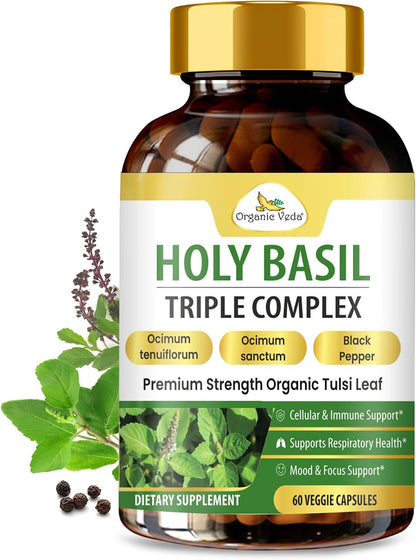 Organic Veda Holy Basil Capsules - Triple Complex Tulsi Leaf Supplement with Black Pepper Extract - Supports Respiratory & Immune Health, Helps Maintain a Balanced Stress Response & Mood - 60 Vegan Capsules