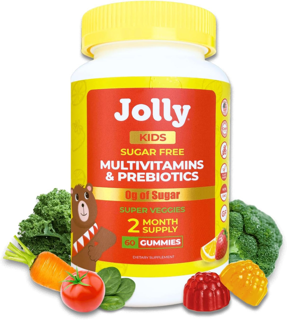 Jolly Kids Multivitamin Gummies – 60 Gummies Sugar-Free Vitamins for Children (Ages 4-12) with Allulose & Prebiotics – Organic Gummy for Immune Support, Digestive Health & Concentration – Plant-Based – Strawberry Lemon - görsel 1