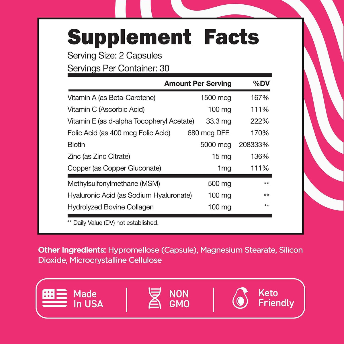 Vital Vitamins Biotin Complex Pills - with Hyaluronic Acid, MSM, Collagen, & Vitamin C - Supplement for Hair, Skin, & Nails - 60 Capsules - görsel 6