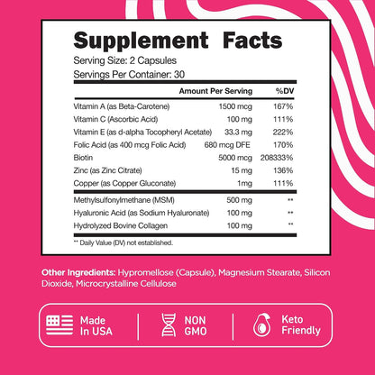 Vital Vitamins Biotin Complex Pills - with Hyaluronic Acid, MSM, Collagen, & Vitamin C - Supplement for Hair, Skin, & Nails - 60 Capsules