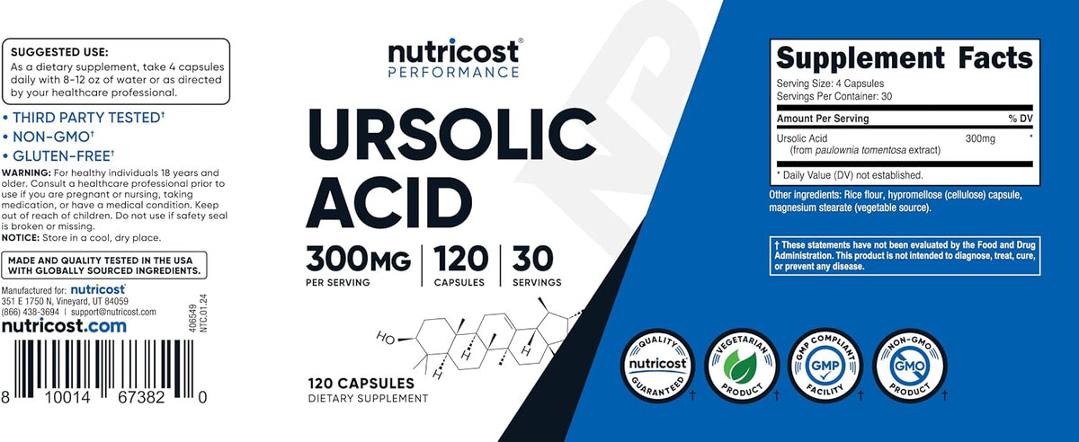 Nutricost Ursolic Acid 300mg, 120 Capsules – Vegetarian, Non-GMO, Gluten-free, Soya-free - görsel 6