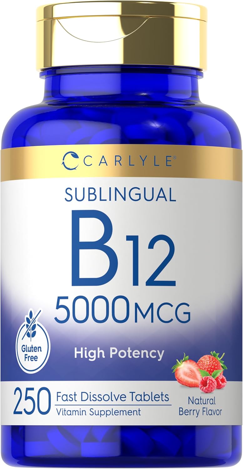 Carlyle Vitamin B12 5000 mcg Sublingual Tablets, 250 Count - High Potency, Natural Berry Flavour, Vegetarian, Non-GM & Gluten-free - görsel 1