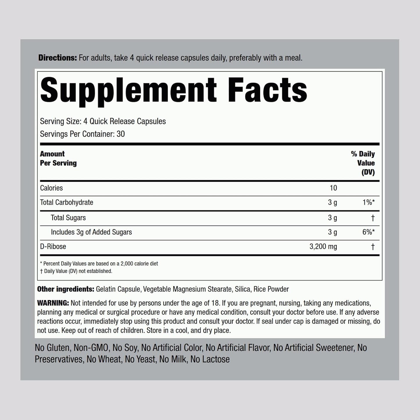 Piping Rock D-Ribose Capsules | 3200mg | 120 Capsules | Supplement for Men and Women | Non-GMO, Gluten-free - görsel 2