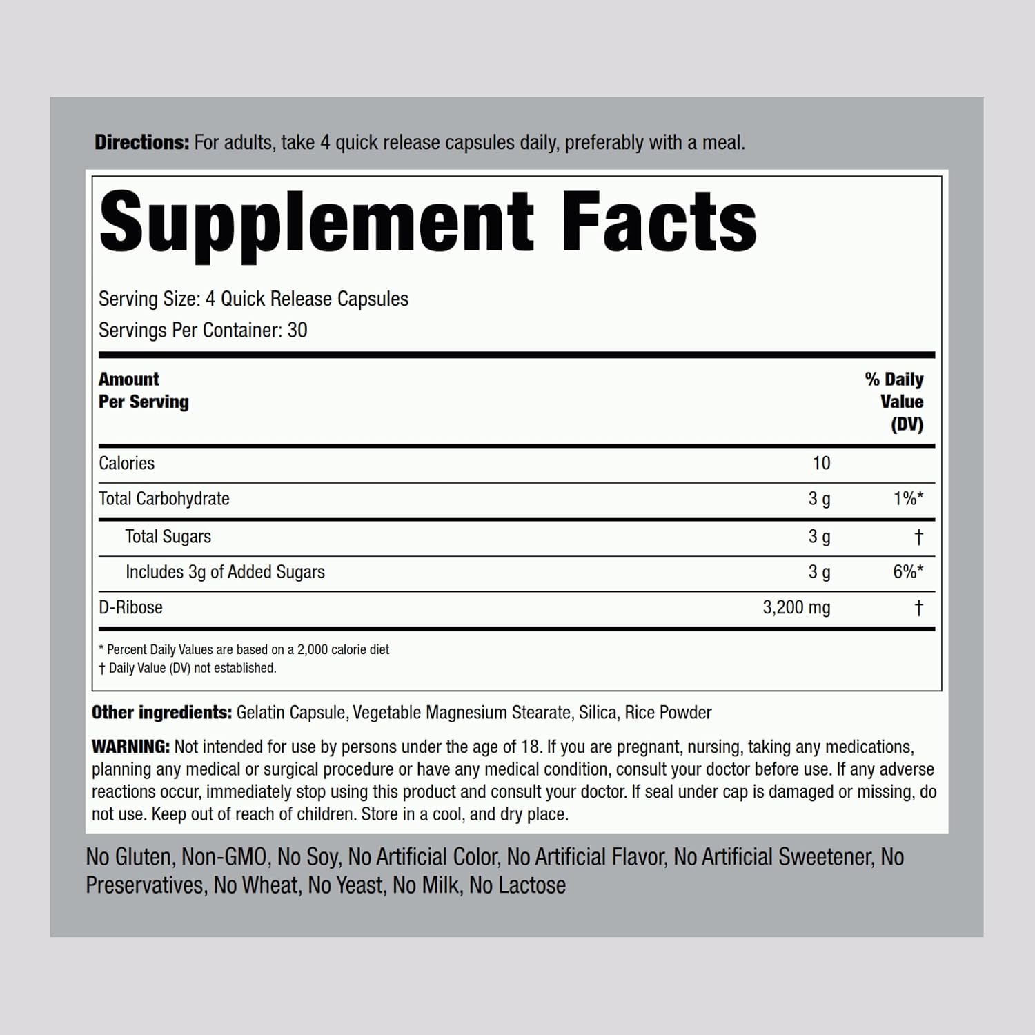 Piping Rock D-Ribose Capsules | 3200mg | 120 Capsules | Supplement for Men and Women | Non-GMO, Gluten-free - görsel 2