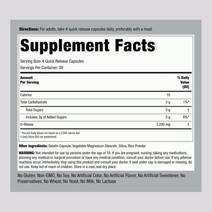 Piping Rock D-Ribose Capsules | 3200mg | 120 Capsules | Supplement for Men and Women | Non-GMO, Gluten-free