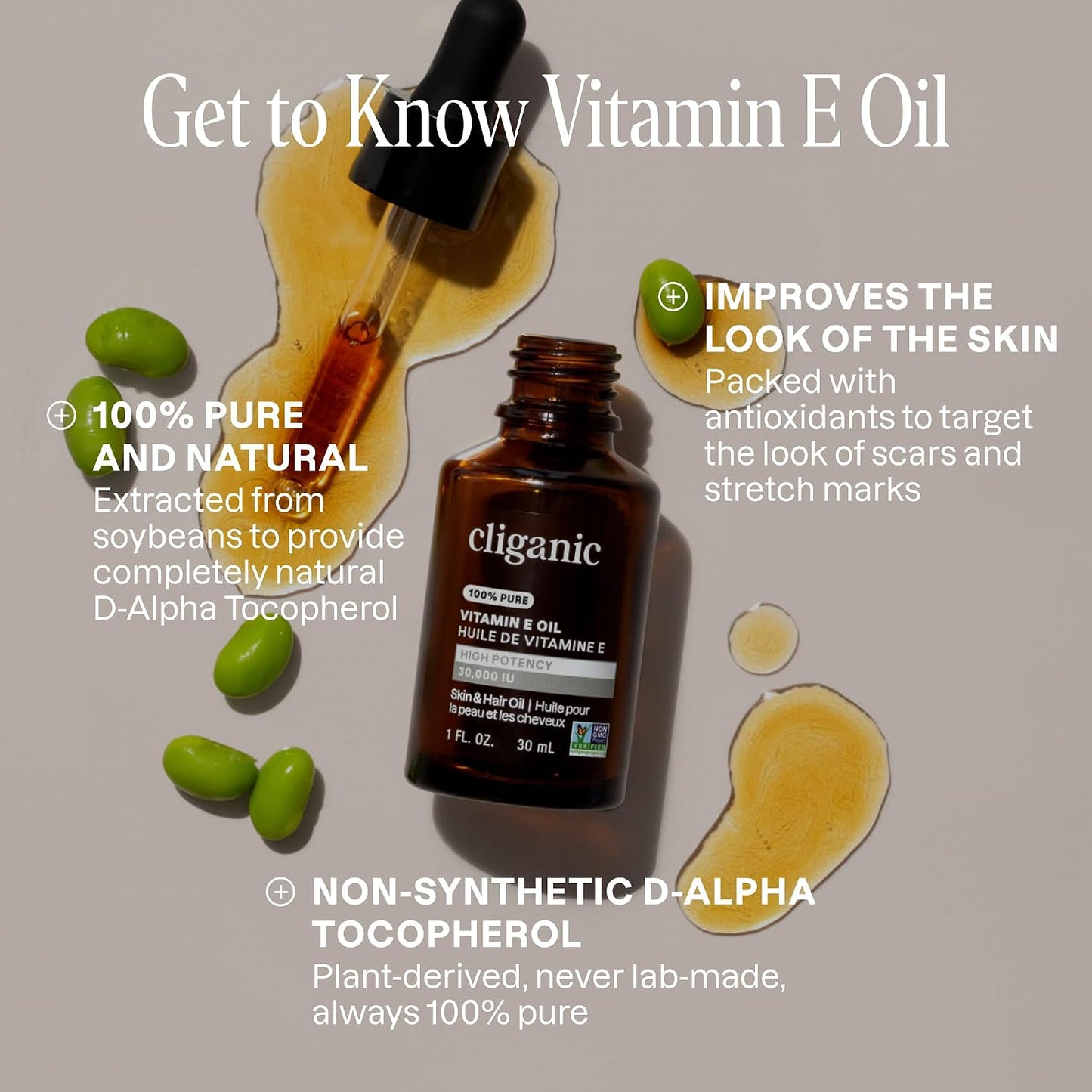 Cliganic Pure Vitamin E Oil for Skin, Scars, Hair & Face - 60,000 IU, Non-GMO Verified | Natural D-Alpha Tocopherol - görsel 3