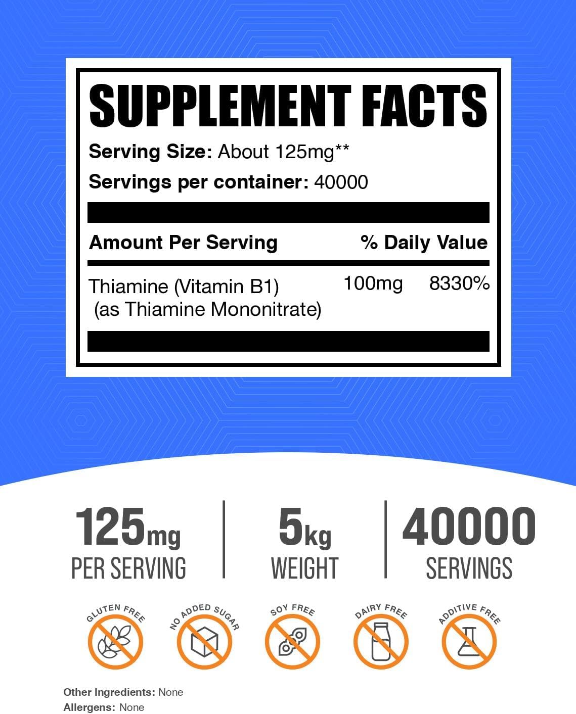 BulkSupplements.com Thiamine Mononitrate Powder - Vitamin B1 (Thiamine) Supplement, 125mg per Serving, 5kg (Pack of 5) - görsel 2