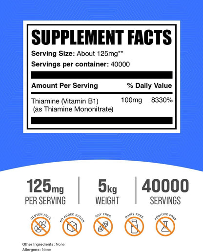 BulkSupplements.com Thiamine Mononitrate Powder - Vitamin B1 (Thiamine) Supplement, 125mg per Serving, 5kg (Pack of 5)