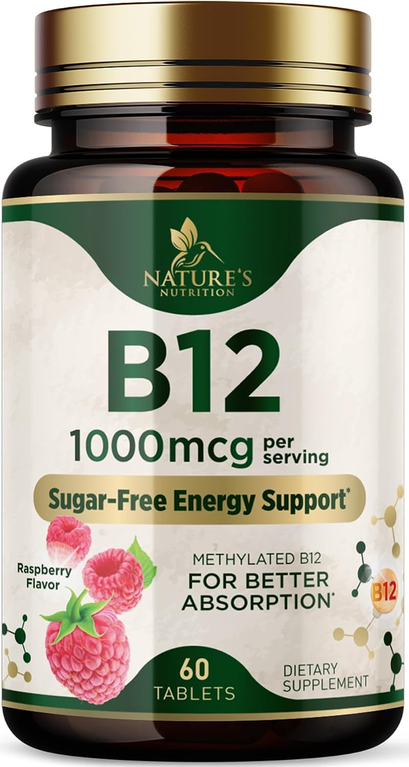 Vitamin B12 1000 mcg Methylcobalamin Chewable Tablets – Energy, Nervous System & Brain Support – Vegan, Non-GMO, Gluten-free – 60 Count - görsel 1