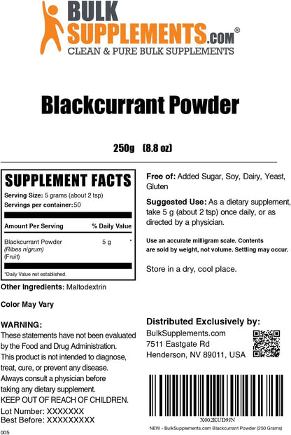 BulkSupplements.com Blackcurrant Powder - Air-Dried, Gluten-Free, 5g per Serving, 250g