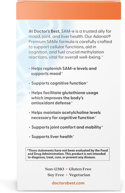 Doctor's Best SAM-e 400 mg, Vegan, Gluten-free, Soy Free, Mood and Joint Support, 60 Enteric Coated Tablets