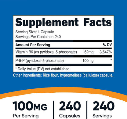 Nutricost P5P Vitamin B6 Supplement 100mg, 240 Capsules (Pyridoxal-5-Phosphate) - Vegetarian-Friendly, Non-GMO, Gluten-free