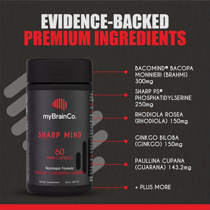 myBrainCo. Sharp Mind - Nootropic Food Supplement for Memory and Focus - 60 Vegetarian Capsules