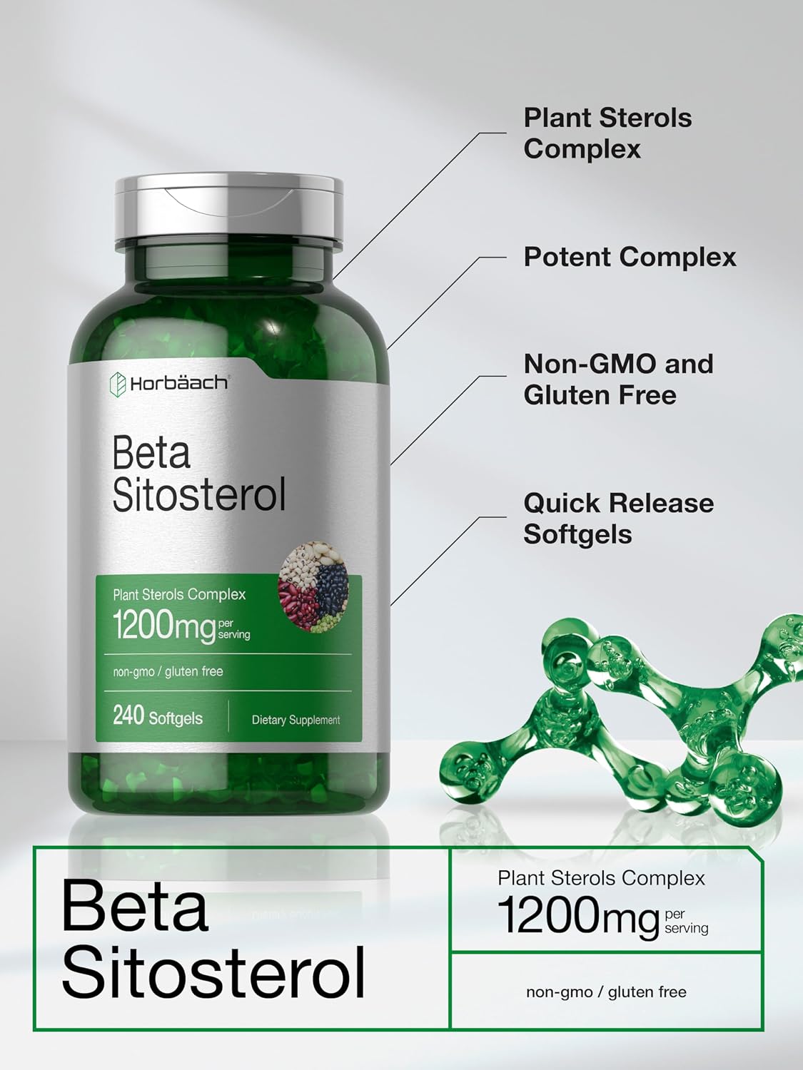 Horbäach Beta Sitosterol 1200 mg, 240 Soft gel capsule Capsules, Plant Sterols Complex, Non-GMO, Gluten-free Supplement - görsel 4