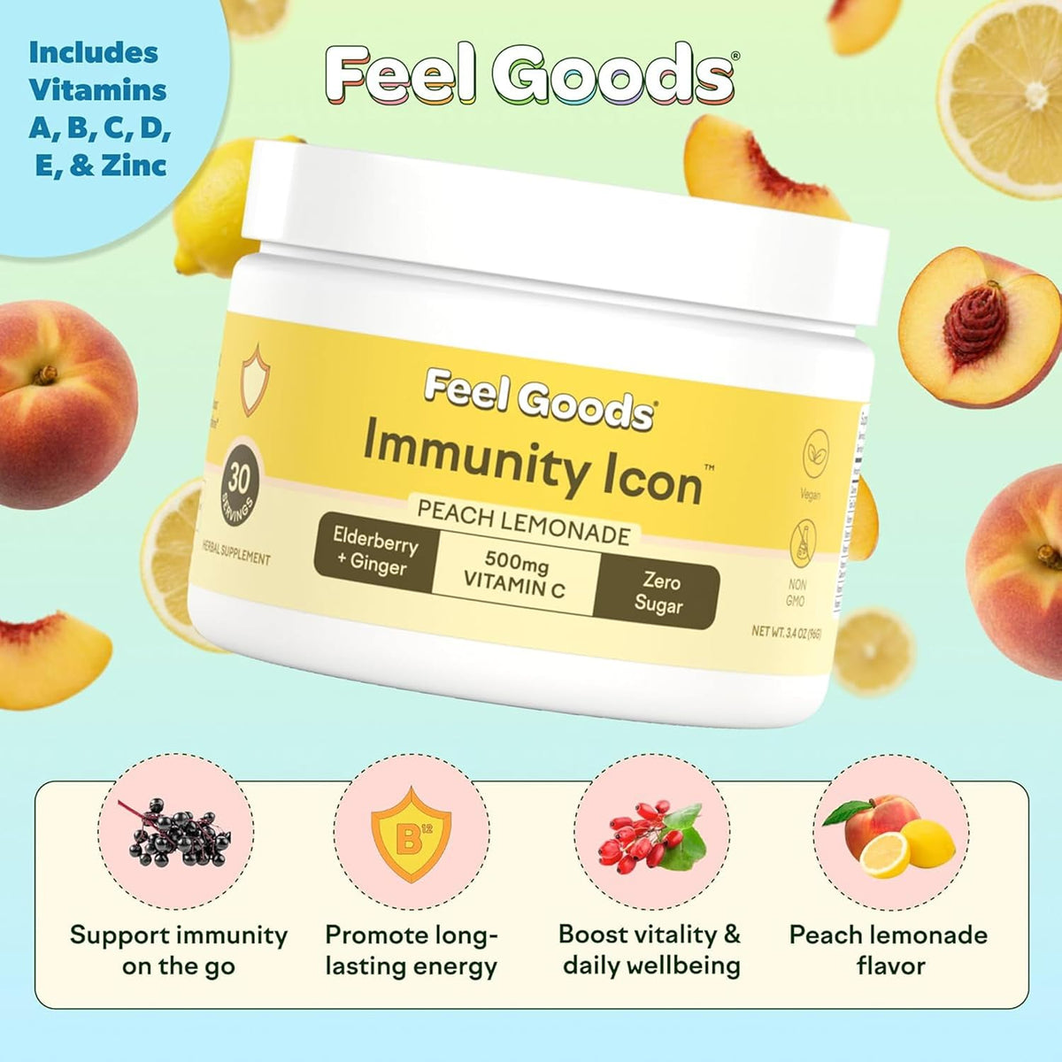 Feel Goods Immunity Icon, Vitamin C Immune Support Powder - 500mg Vitamin C, Elderberry, Ginger, Turmeric & Key Vitamins for Daily Immune Health - Sugar-Free & Caffeine-Free Drink Mix - görsel 2