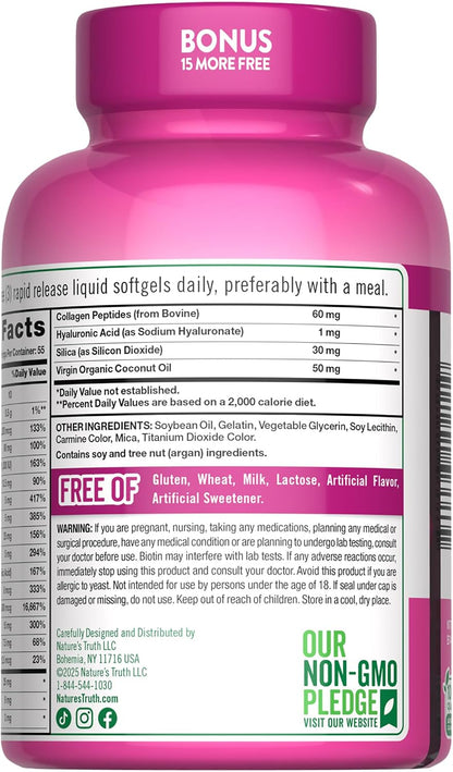 Nature's Truth Hair, Skin & Nails Vitamin | 5000 mcg Biotin | 165 Softgels | with Collagen | Non-GMO & Gluten-free Supplement