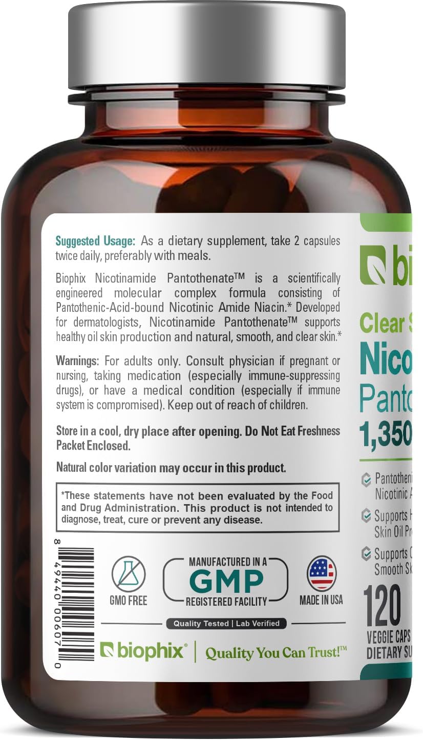 biophix B-3 Nicotinamide Pantothenate 1350 mg 120 Vcaps – Clear Skin Series B5 Pantothenic Acid Natural Flush-Free Nicotinic Amide Niacin – Supports Skin Cell Health - görsel 8