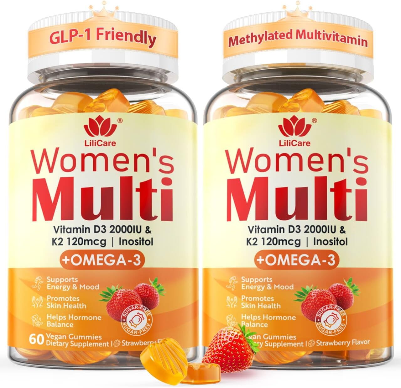 LILICARE Women's Multivitamin Gummy - Sugar-Free, Methylated B Complex, Omega-3 DHA/EPA, Vitamin D3+K2, 120 Count - görsel 1