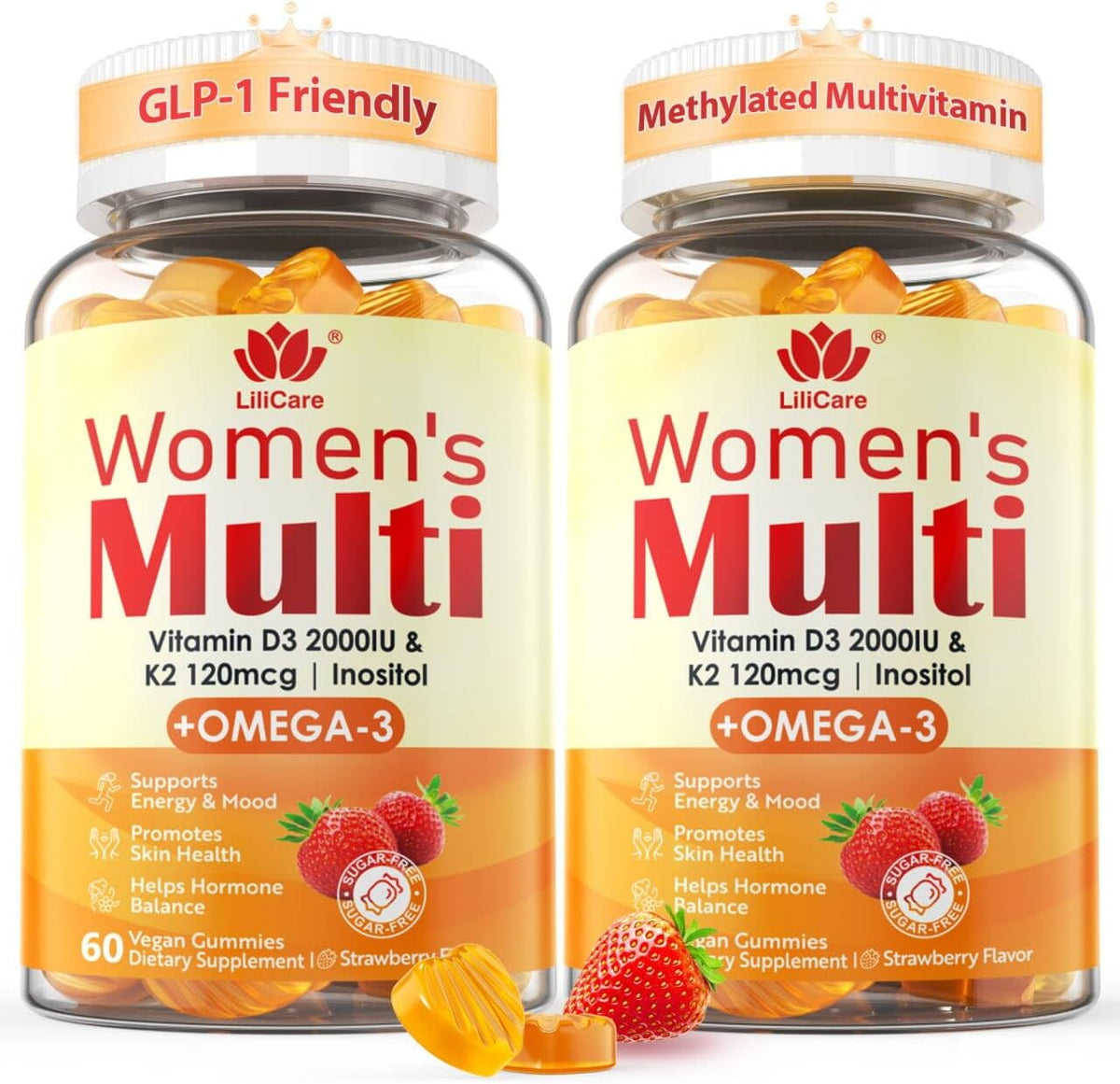 LILICARE Women's Multivitamin Gummy - Sugar-Free, Methylated B Complex, Omega-3 DHA/EPA, Vitamin D3+K2, 120 Count - görsel 1