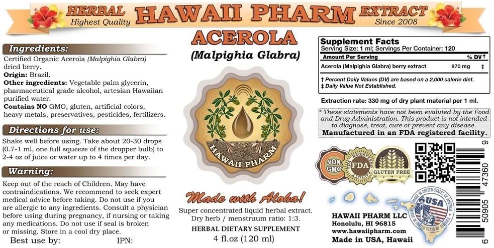 Hawaii Pharm Acerola Liquid Extract, Acerola (Malpighia Glabra) Dried Berry Powder Tincture Herbal Supplement, 4 x 4 oz - görsel 2