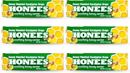 Honees Filled Menthol Cough Drops - Honey, Menthol & Eucalyptus - Natural Sore Throat Relief (6 Pack, 54 Drops)