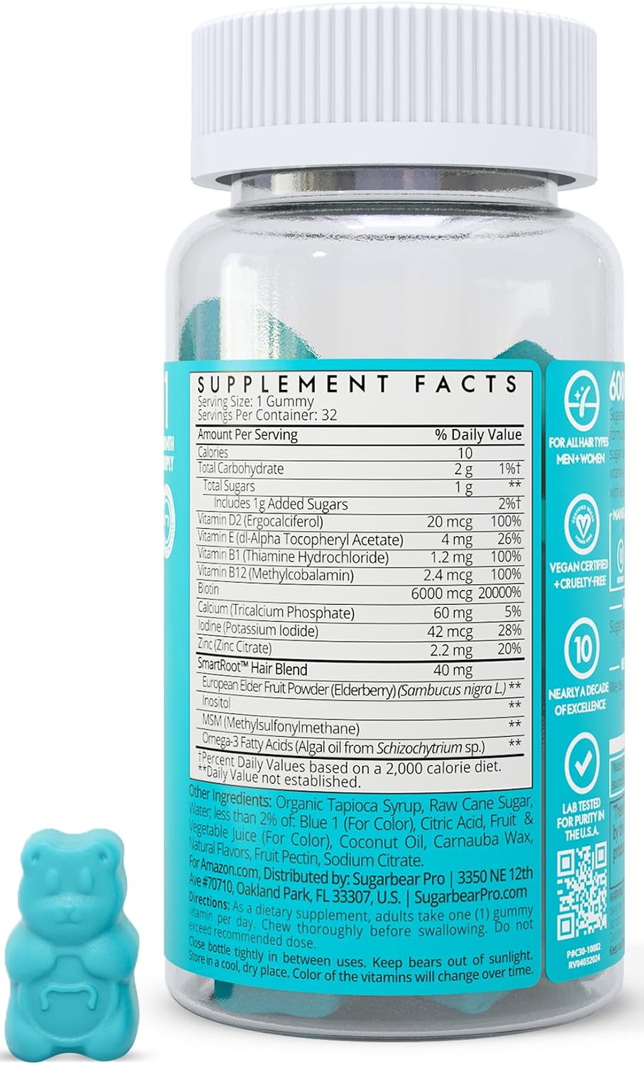 SugarbearPRO Hair Vitamin Gummies 1 Month Supply, Extra Strength Biotin 6000mcg for Hair Growth, Vegan Vitamin B12, MSM, Inositol, Omega-3, Elderberry, Certified Kosher, Halal, Cruelty-Free - görsel 2