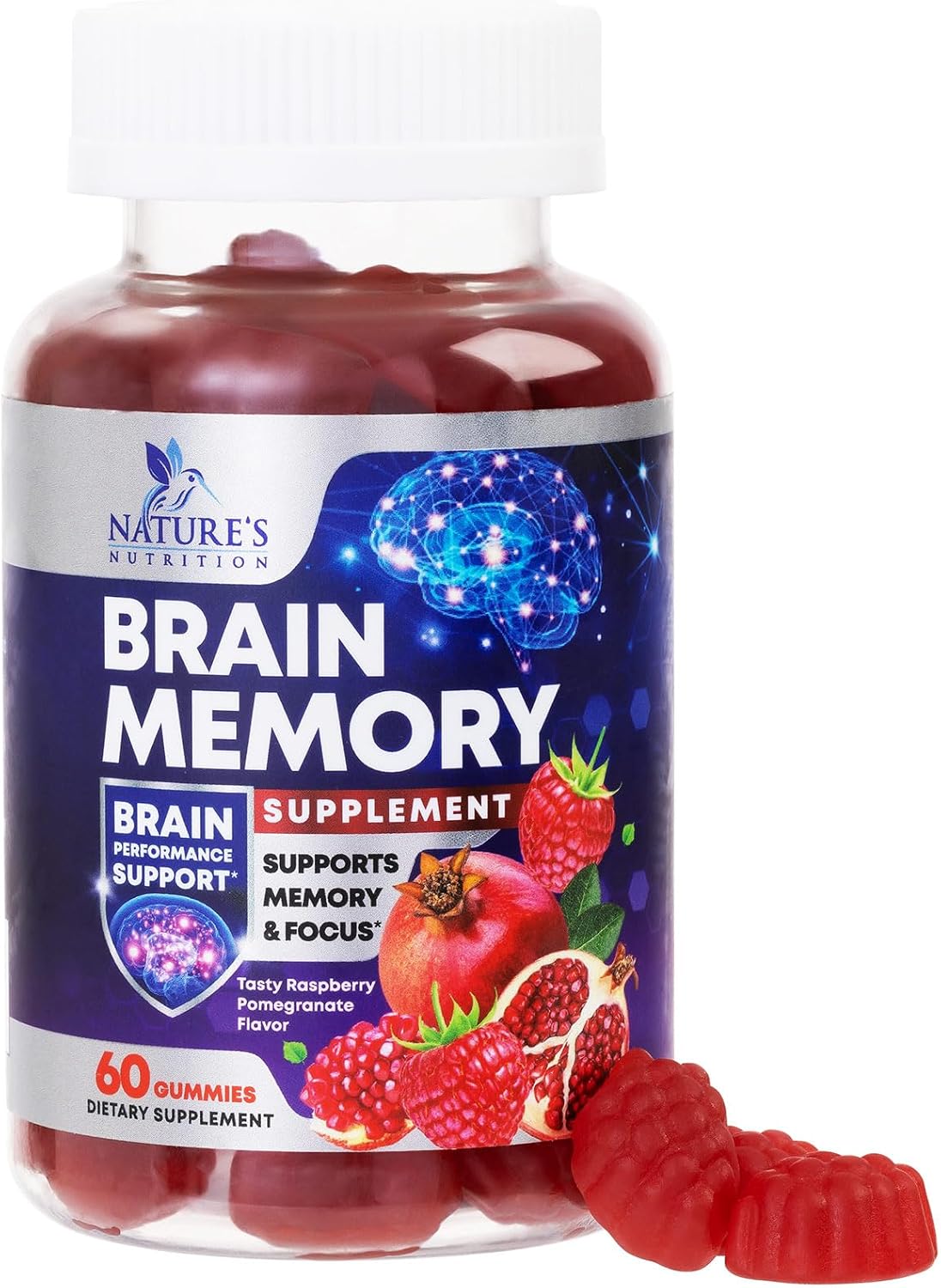 Nature's Nutrition Brain Gummies for Memory and Focus – 3X Strength with B6, B12, Phosphatidylserine – 60 Gummies - görsel 1