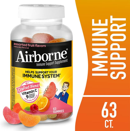 Airborne 750mg Vitamin C Immune Support Gummies, Assorted Fruit Flavour, 63 Gummies (Pack of 3)