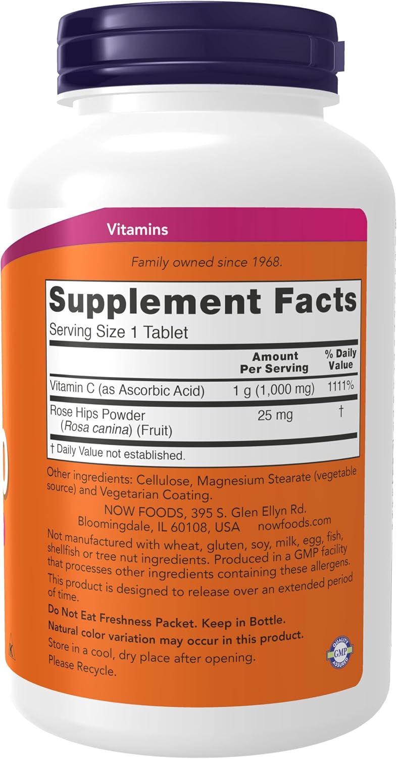 NOW Foods, C-1000 Vitamin C-1000 Sustained Release with Rose Hips, 250 Tablets - görsel 2