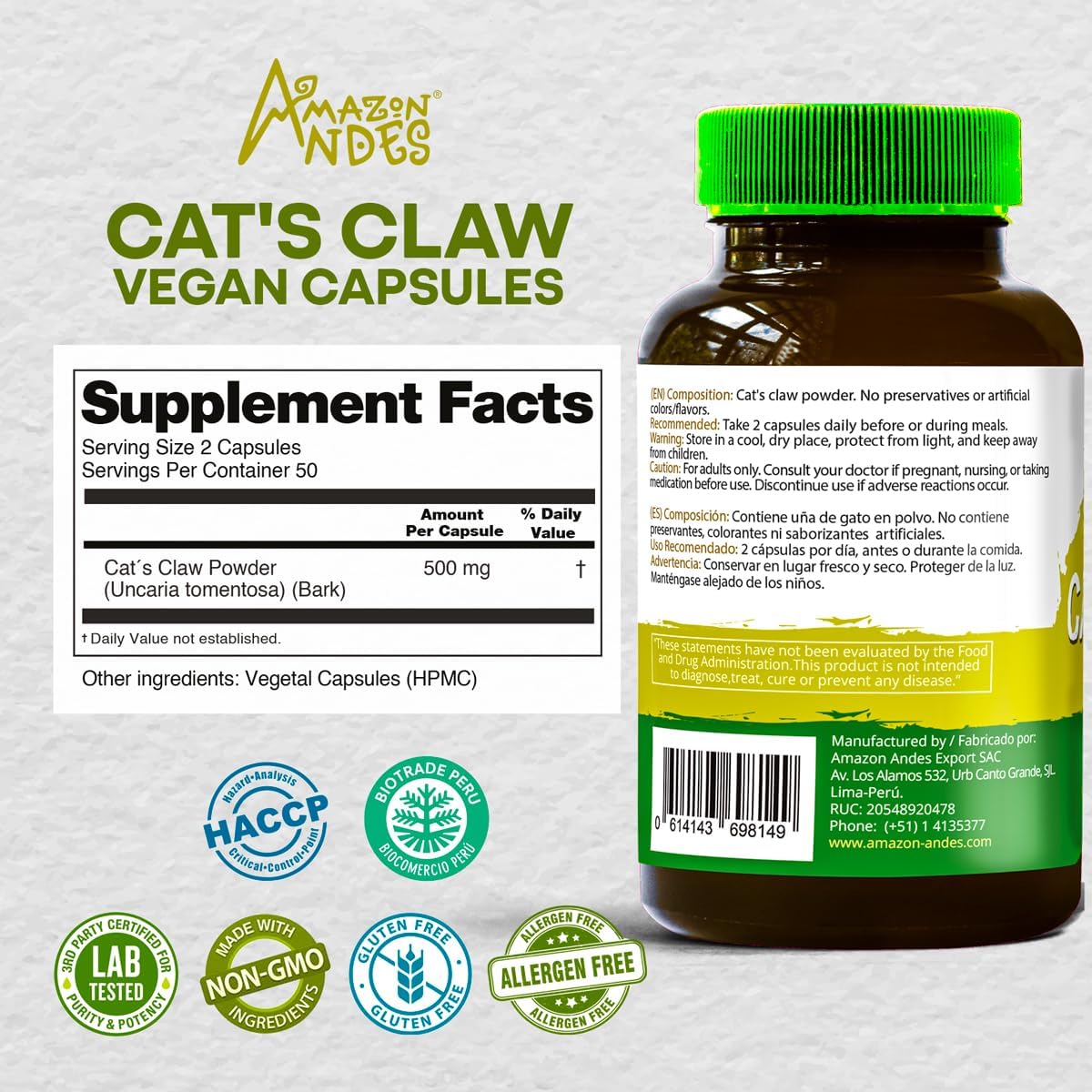 Cat's Claw (Uncaria Tomentosa) Capsules – 1000mg per Serving, Vegan, Sustainably Sourced - görsel 2
