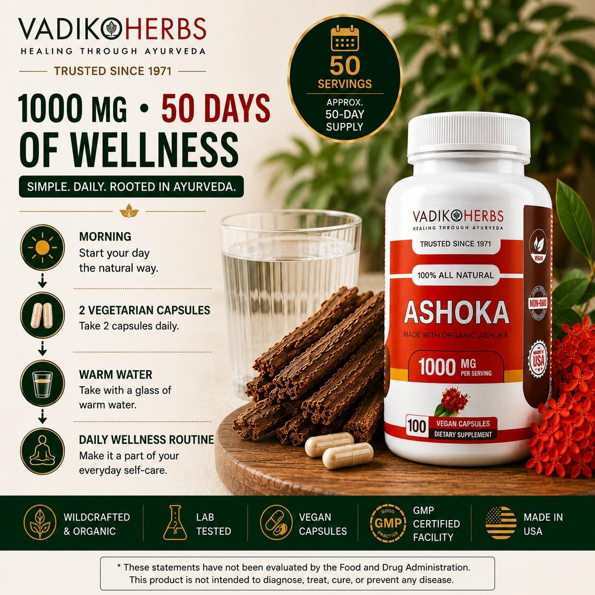 Vadik Herbs Ashoka Bark Capsules – Organic Saraca Indica, 1000mg – Women's Wellness & Hormonal Balance Support - görsel 6