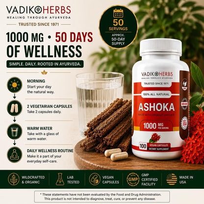 Vadik Herbs Ashoka Bark Capsules – Organic Saraca Indica, 1000mg – Women's Wellness & Hormonal Balance Support