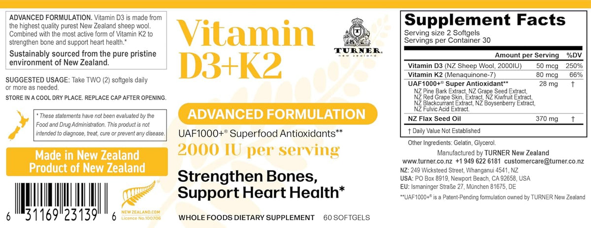 Turner Vitamin D3 2000IU + K2 (MK7) 80mcg - 60 Softgels - görsel 2