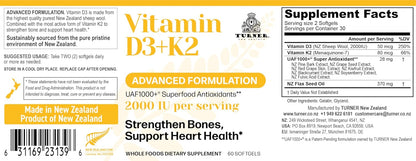Turner Vitamin D3 2000IU + K2 (MK7) 80mcg - 60 Softgels