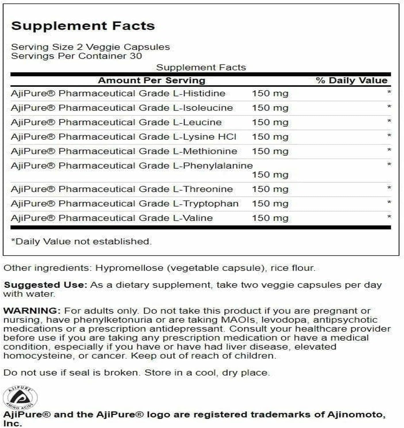 Swanson AjiPure 9 Essential Amino Acid Formula - Pharmaceutical Grade - 60 Veg Capsules - görsel 2